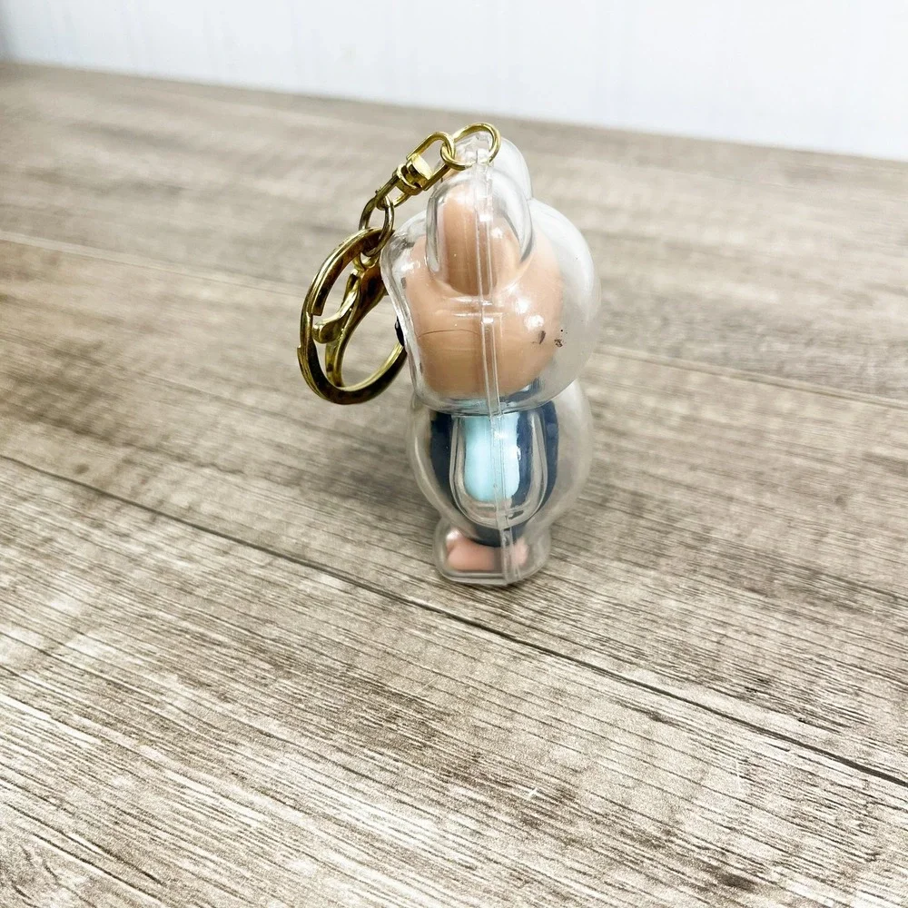 Labubu Monster Art Toy Keychain Blue Overalls Clear Protective Case Gold Tone